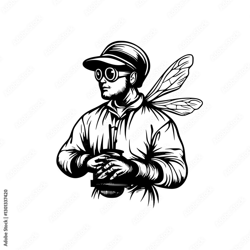 Fototapeta premium Vector engraved illustration of a man with insect wings holding a container for product design