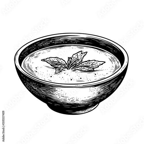 Engraved vector illustration of a bowl of soup with fresh herbs, ideal for culinary product design