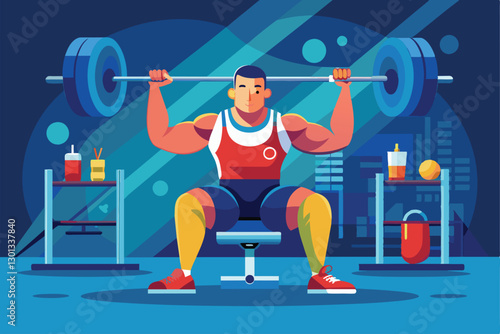 A strong athlete engages in powerlifting, showcasing customized equipment and determination in a gym, Paralympic powerlifting Customizable Disproportionate Illustration
