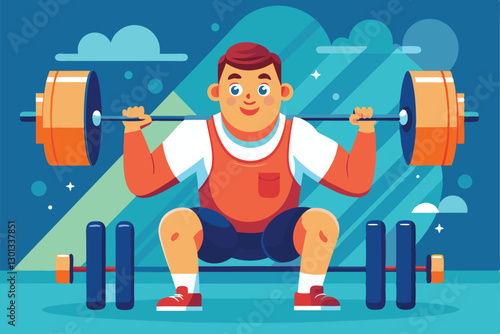 A cartoon character performs an impressive squat while lifting weights, showcasing strength and determination, Paralympic powerlifting Customizable Cartoon Illustration