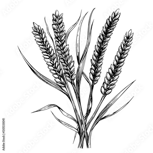 Detailed vector engraving of wheat ears with leaves ideal for product design and branding applications