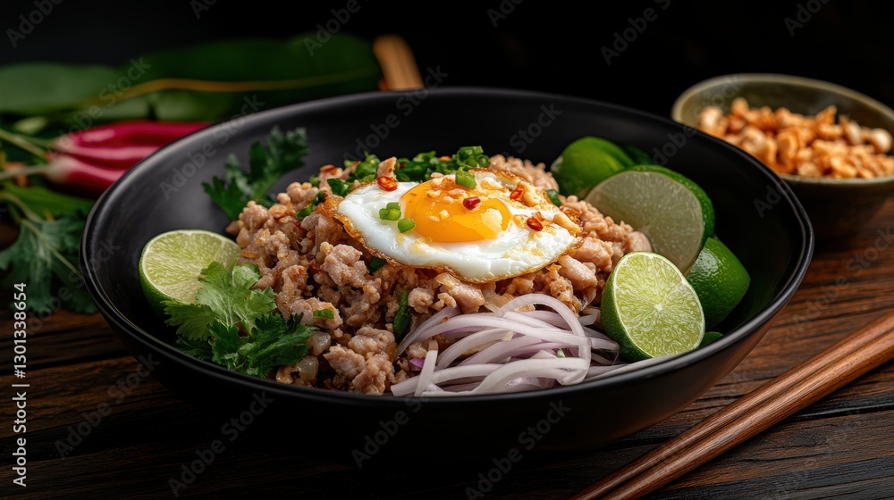 A vibrant bowl of savory minced meat topped with a sunny-side-up egg, garnished with lime wedges and fresh herbs, set against a dark background, Ideal for food blogs, menus, or recipe books, A vibrant bowl of savory minced meat topped with a sunny-side-up egg, garnished with lime wedges and fresh herbs, set against a dark background, Ideal for food blogs, menus, or recipe books,