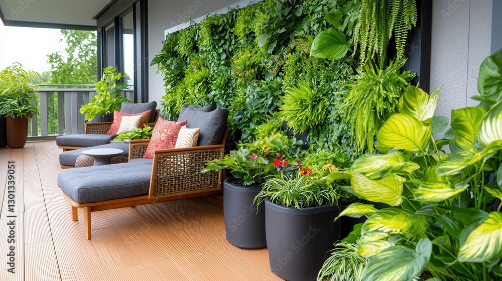 Obraz premium Garden greenery walls aesthetic decorative touch Lush greenery adorns a stylish outdoor seating area with cozy cushions.