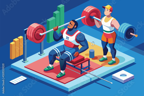An athlete performs powerlifting with assistance in a gym, surrounded by weights and training equipment, Paralympic powerlifting Customizable Isometric Illustration