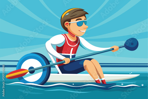 A cheerful young athlete rows quickly on water in a vibrant, cartoon style, celebrating adaptive sports, Paralympic rowing Customizable Cartoon Illustration