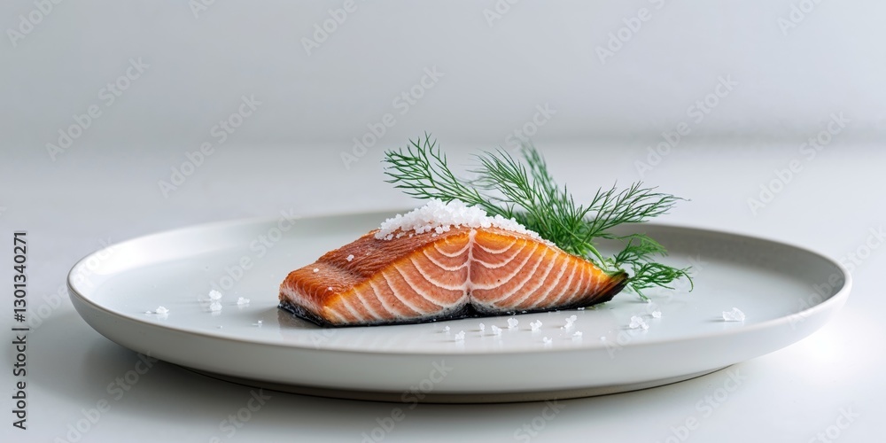 A plate of salmon with dill and salt on top A plate of salmon with dill and salt on top