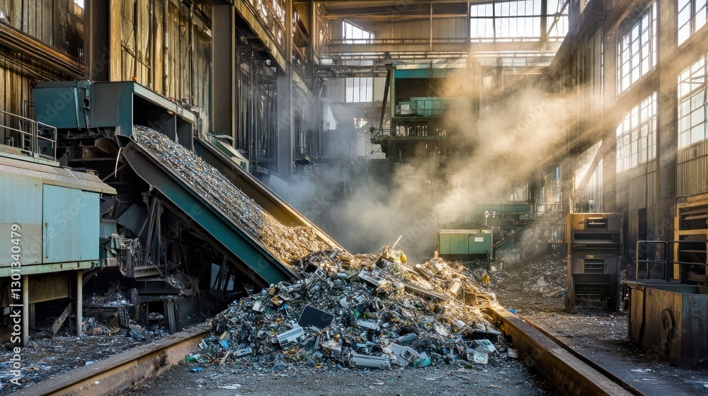 Industrial scene showing a large conveyor system and waste materials Industrial scene showing a large conveyor system and waste materials