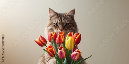 Cat holding colorful tulips in a soft setting photo