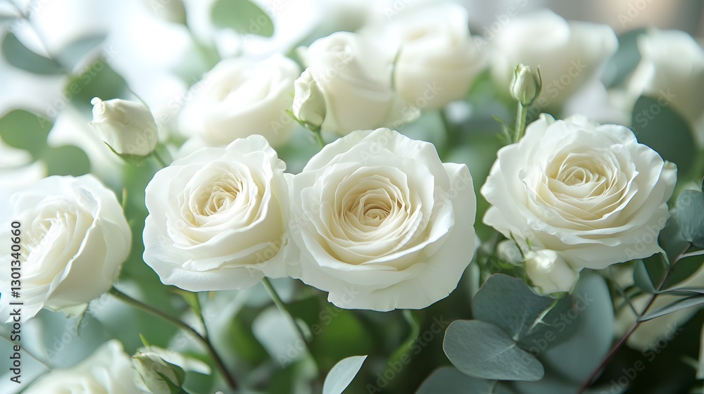 A Beautiful Bouquet of White Roses and Eustoma with Eucalyptus Leaves in Soft Light A Beautiful Bouquet of White Roses and Eustoma with Eucalyptus Leaves in Soft Light