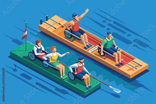 Athletes in rowing boats compete on tranquil waters, showcasing adaptive sports for athletes with disabilities, Paralympic rowing Customizable Isometric Illustration