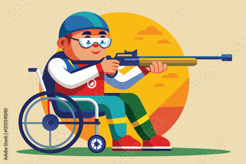 A young adaptive athlete in a wheelchair prepares to shoot, showcasing determination and skill, Paralympic shooting Customizable Cartoon Illustration