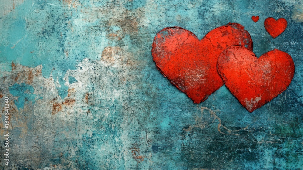 Two Red Hearts on Textured Blue and Brown Background Two Red Hearts on Textured Blue and Brown Background