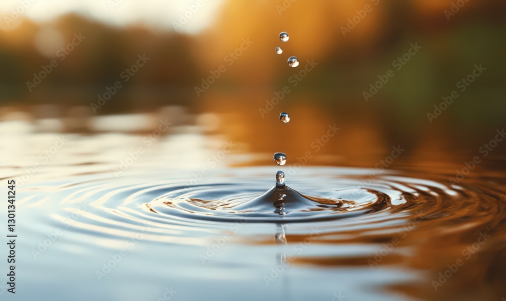 Water Droplet Impact on Calm Water with Golden Light Reflection Water Droplet Impact on Calm Water with Golden Light Reflection