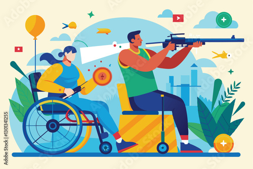 Two athletes participate in paralympic shooting, showcasing adaptive sports with enthusiasm and determination, Paralympic shooting Customizable Disproportionate Illustration