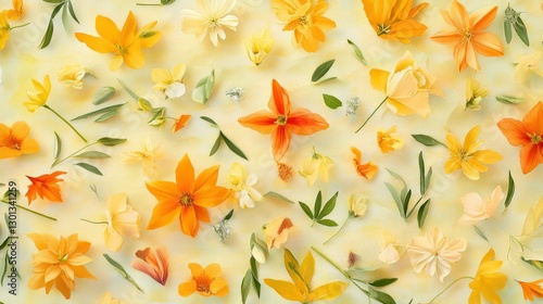A collection of vibrant yellow and orange flowers is presented