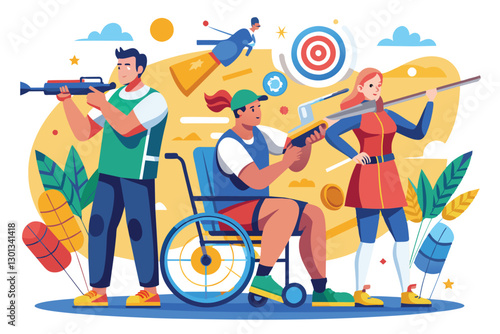 Three athletes showcase their shooting abilities, highlighting adaptive sports and inclusivity in competition, Paralympic shooting Customizable Disproportionate Illustration