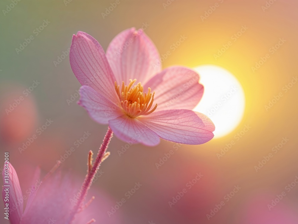 Close up of a pink flower with a sun in the background Close up of a pink flower with a sun in the background