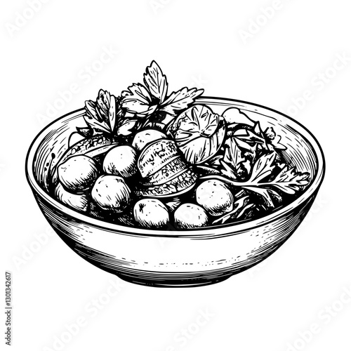 Detailed vector engraving of a fresh salad bowl showcasing vibrant ingredients and herbs for product design applications