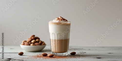 Glass of iced coconut almond caramel latte with a bowl of nuts on a wooden table.