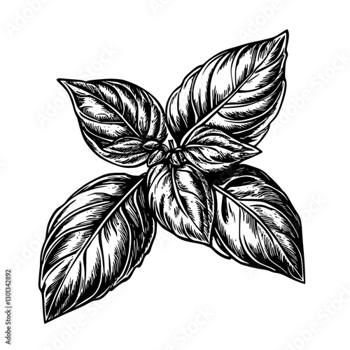 Vector engraved illustration of basil leaves for elegant product design showcasing natural beauty and organic appeal