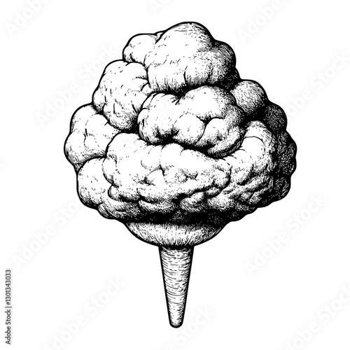 Vector engraved illustration of fluffy cotton candy on a stick for product design and branding purposes