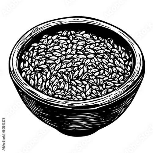 Engraved vector illustration of sesame seeds in a bowl for culinary design and product applications