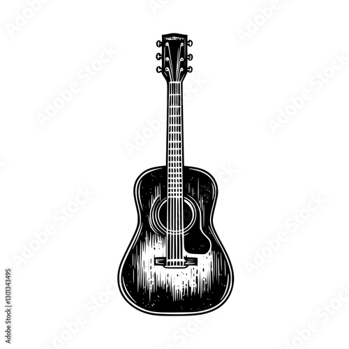 Detailed vector engraved illustration of a classic acoustic guitar for product design and branding purposes