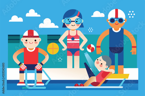 Athletes engage in paralympic swimming practice using adaptive gear at a lively aquatic facility, Paralympic swimming Customizable Disproportionate Illustration