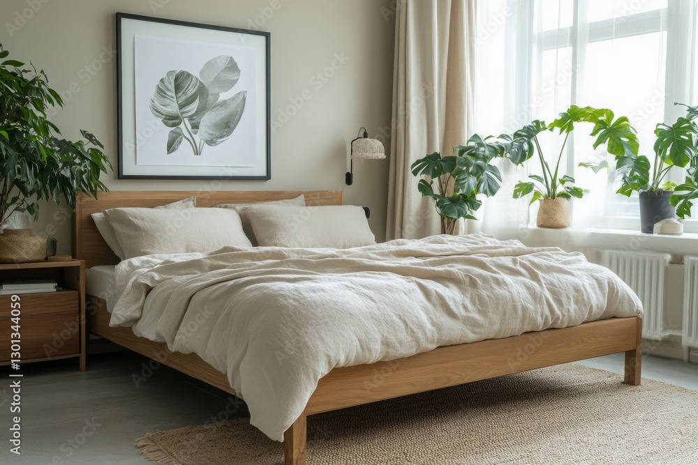 Fototapeta premium Cozy Bedroom with Natural Light and Green Plants in Minimalist Style