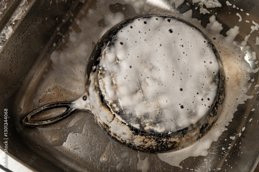 Fototapeta premium A heavily burnt cast iron pan being cleaned in a stainless steel sink, covered in soap and grime. Restoration process of kitchen cookware