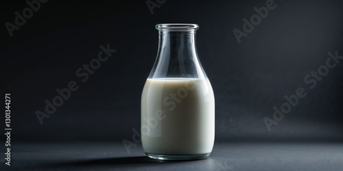 Glass Bottle Filled with Fresh Milk on Black Background.