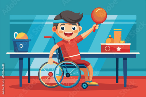 A cheerful boy in a wheelchair waves a paddle, ready for a fun game of table tennis with friends, Paralympic table tennis Customizable Cartoon Illustration