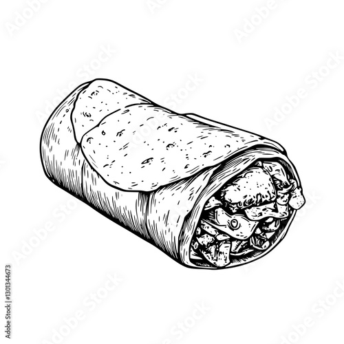 Vector engraved illustration of a burrito filled with ingredients for product design use