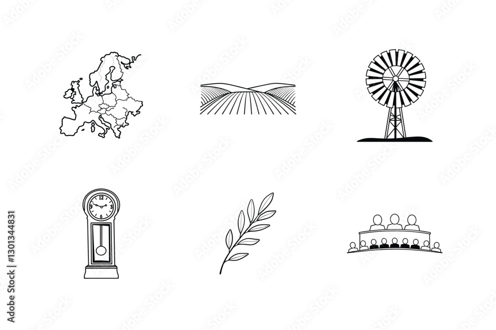 Naklejka premium European Farmland Icons Landscape, Windmill, Clock, Olive Branch