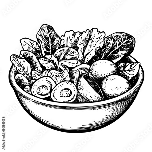 Engraved illustration of a healthy salad bowl featuring fresh vegetables and eggs for product design applications