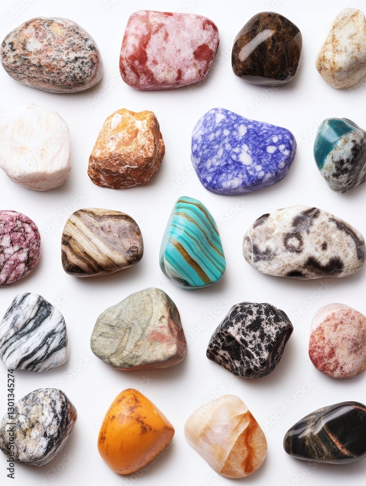 Colorful Polished Stones Collection - A vibrant collection of polished stones, each showcasing unique colors and patterns, arranged on a white background Colorful Polished Stones Collection - A vibrant collection of polished stones, each showcasing unique colors and patterns, arranged on a white background