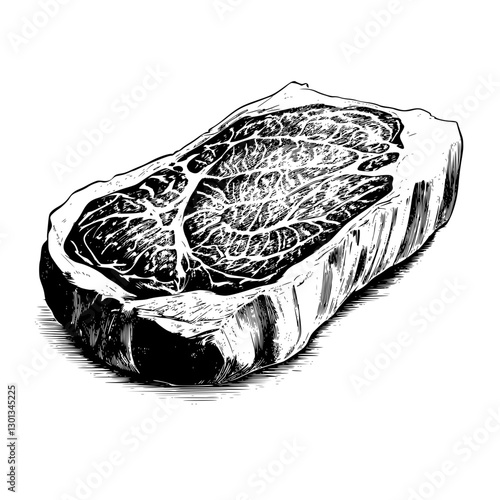 Detailed vector engraved illustration of a beef steak for culinary product design inspiration