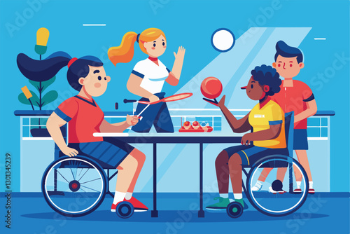 Paralympic table tennis athletes engage in training while seated in wheelchairs, showcasing teamwork and skill, Paralympic table tennis Customizable Disproportionate Illustration