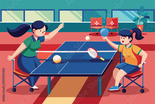 Athletes engage in a spirited table tennis match while seated in a vibrant indoor space, showcasing skill and focus, Paralympic table tennis Customizable Flat Illustration