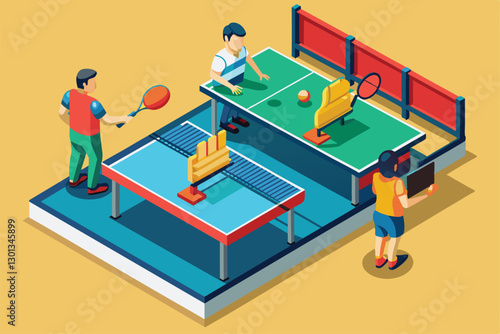 Players engage in a thrilling game of table tennis in a vibrant, isometric setting designed for competition, Paralympic table tennis Customizable Isometric Illustration