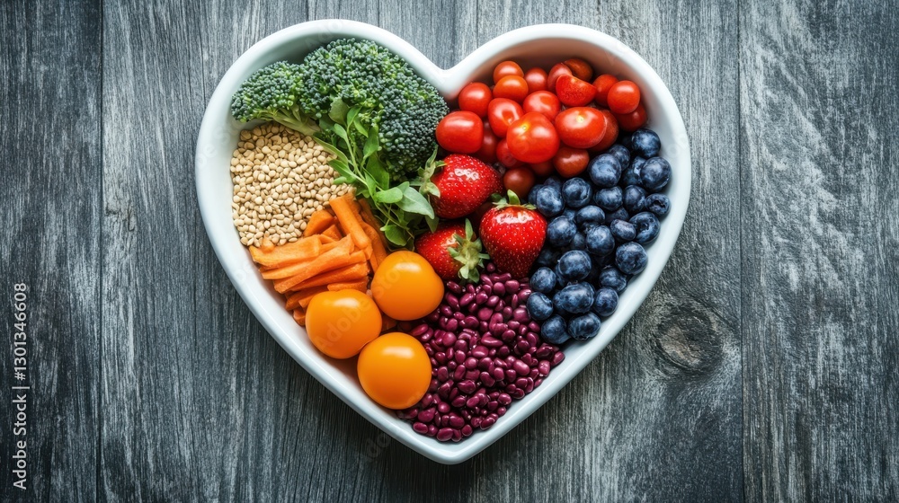 A heart-shaped bowl filled with nutritious foods promoting cardiovascular health. A heart-shaped bowl filled with nutritious foods promoting cardiovascular health.