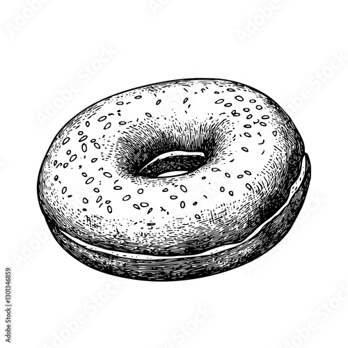 Detailed vector engraved illustration of a classic bagel with sesame seeds for culinary designs and food-related projects
