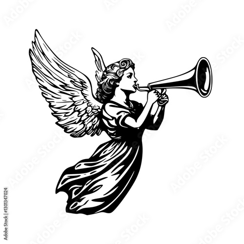 Vector engraved illustration of a winged angel playing a horn for design purposes