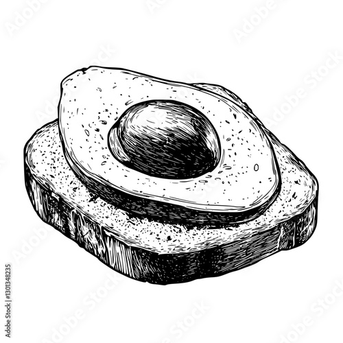 Vector engraved illustration of sliced avocado on toast for modern product design and culinary art