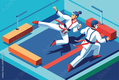 Two paralympic taekwondo athletes engage in sparring practice within a training studio setting, Paralympic taekwondo Customizable Isometric Illustration