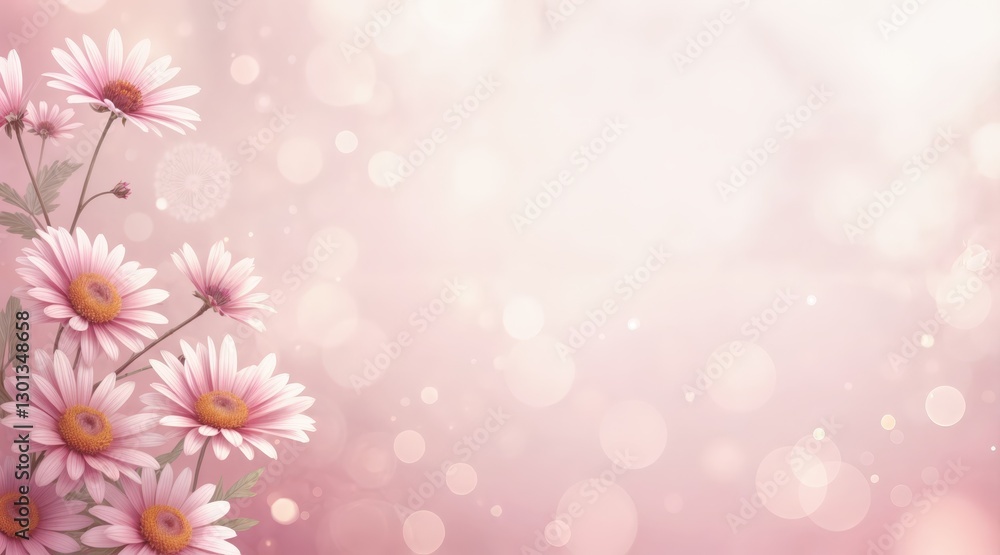 Soft pastel pink floral background with delicate daisy flowers in soft focus, dreamy and ethereal. Muted pink and white hues create a romantic, airy atmosphere with blurred bokeh, subtle shading, Soft pastel pink floral background with delicate daisy flowers in soft focus, dreamy and ethereal. Muted pink and white hues create a romantic, airy atmosphere with blurred bokeh, subtle shading,