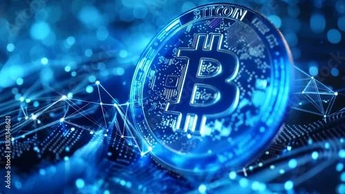 Bitcoin in the air blue light glowing