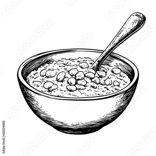 Engraved vector illustration of a bowl filled with grains and a spoon for product design