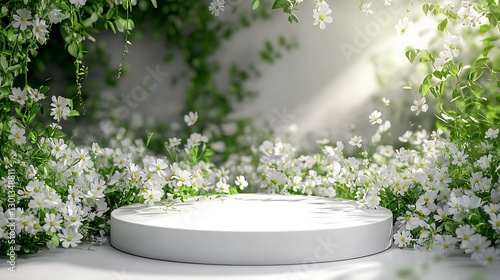 Beautiful natural setting with a simple white platform amidst blooming daisies : Generative AI photo