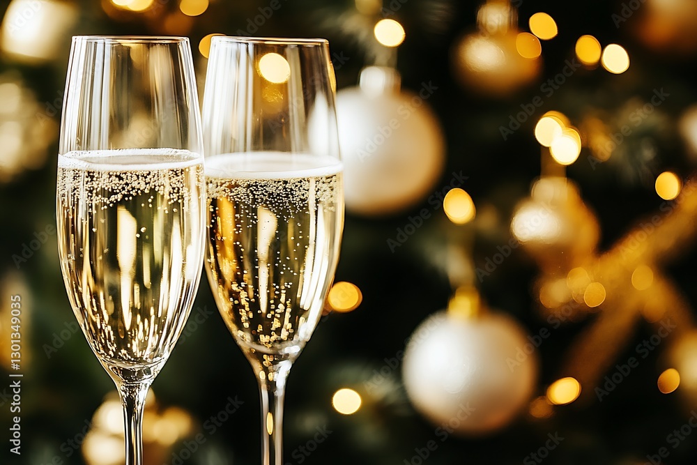 Two champagne glasses filled with sparkling bubbles against a warm backdrop of glowing Christmas lights : Generative AI Two champagne glasses filled with sparkling bubbles against a warm backdrop of glowing Christmas lights : Generative AI